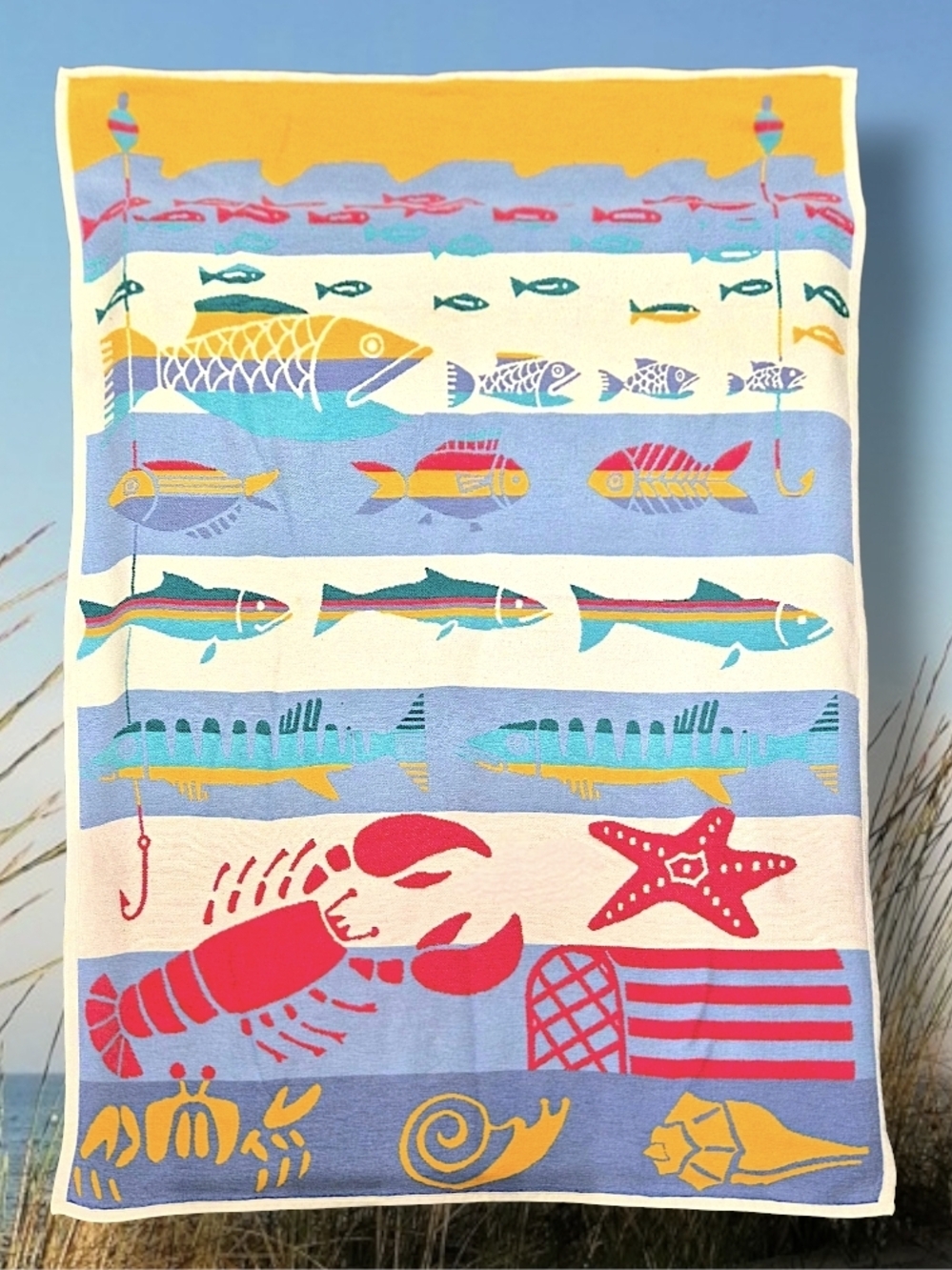Vintage 1989 L.L. BEAN Maine Shore Cotton Throw Blanket Fish Lobster Nautical